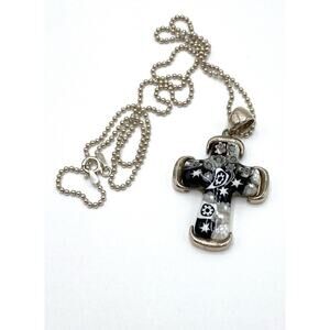 925 TM Millefiori Black White Cross Sterling Silver Necklace 19” 13.75g